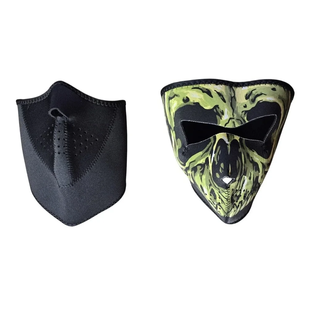 Lot of 2 ZANheadgear Neoprene Face Masks Black Half Mask & Green Skull Full Mask